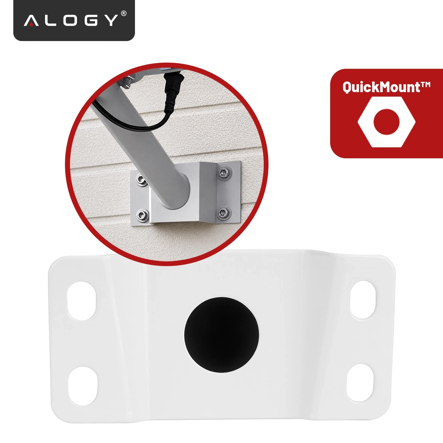 Obraz przedstawia element montażowy lampy z logo \'ALOGY\' oraz oznaczeniem \'QuickMount™\'. W okrągłym zbliżeniu widać mocowanie lampy do ściany za pomocą czterech śrub.