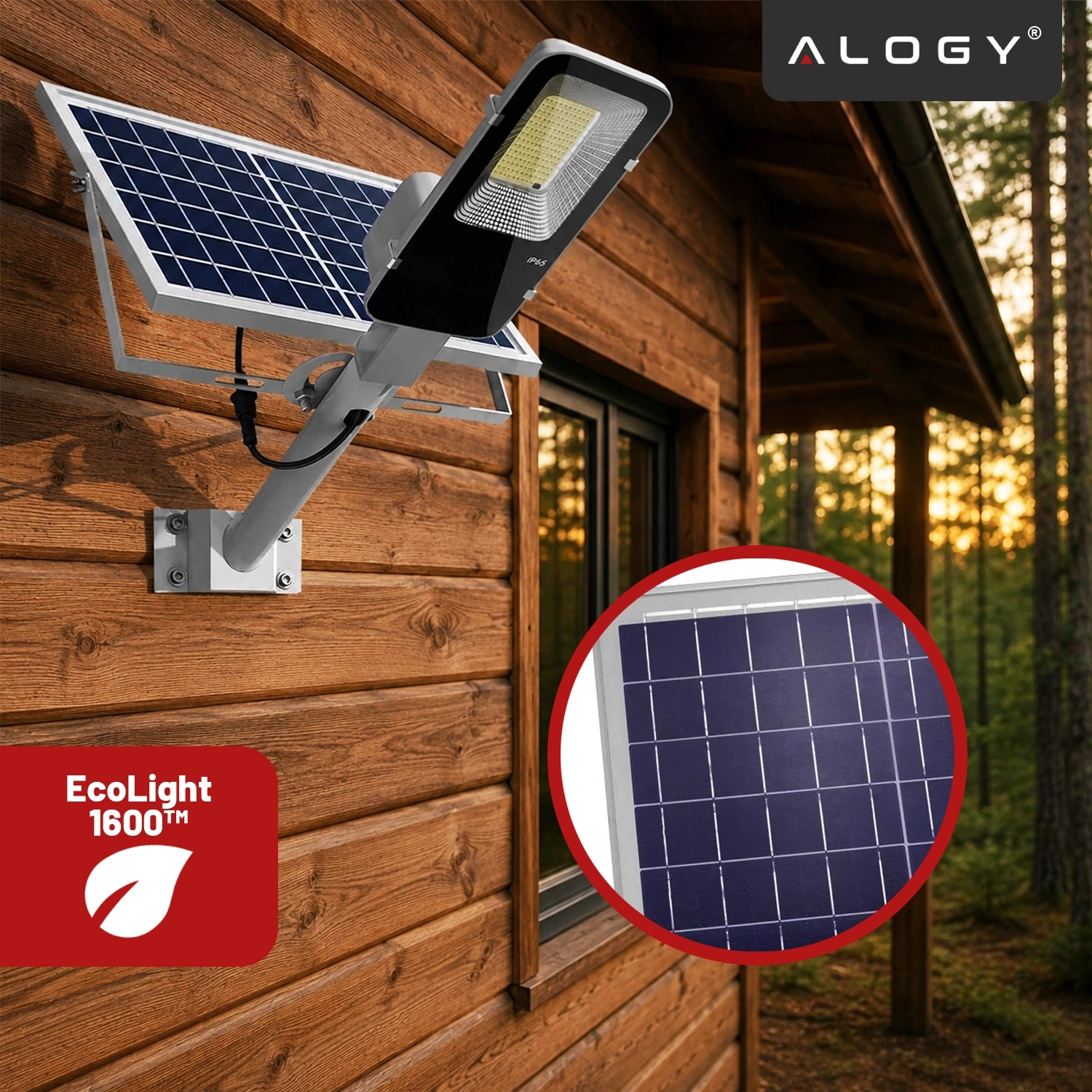 Na drewnianej ścianie budynku zamontowana jest lampa solarna z panelem słonecznym. W lewym dolnym rogu widoczny jest czerwony prostokąt z napisem \'EcoLight 1600™\', a w prawym górnym rogu logo \'ALOGY\'.