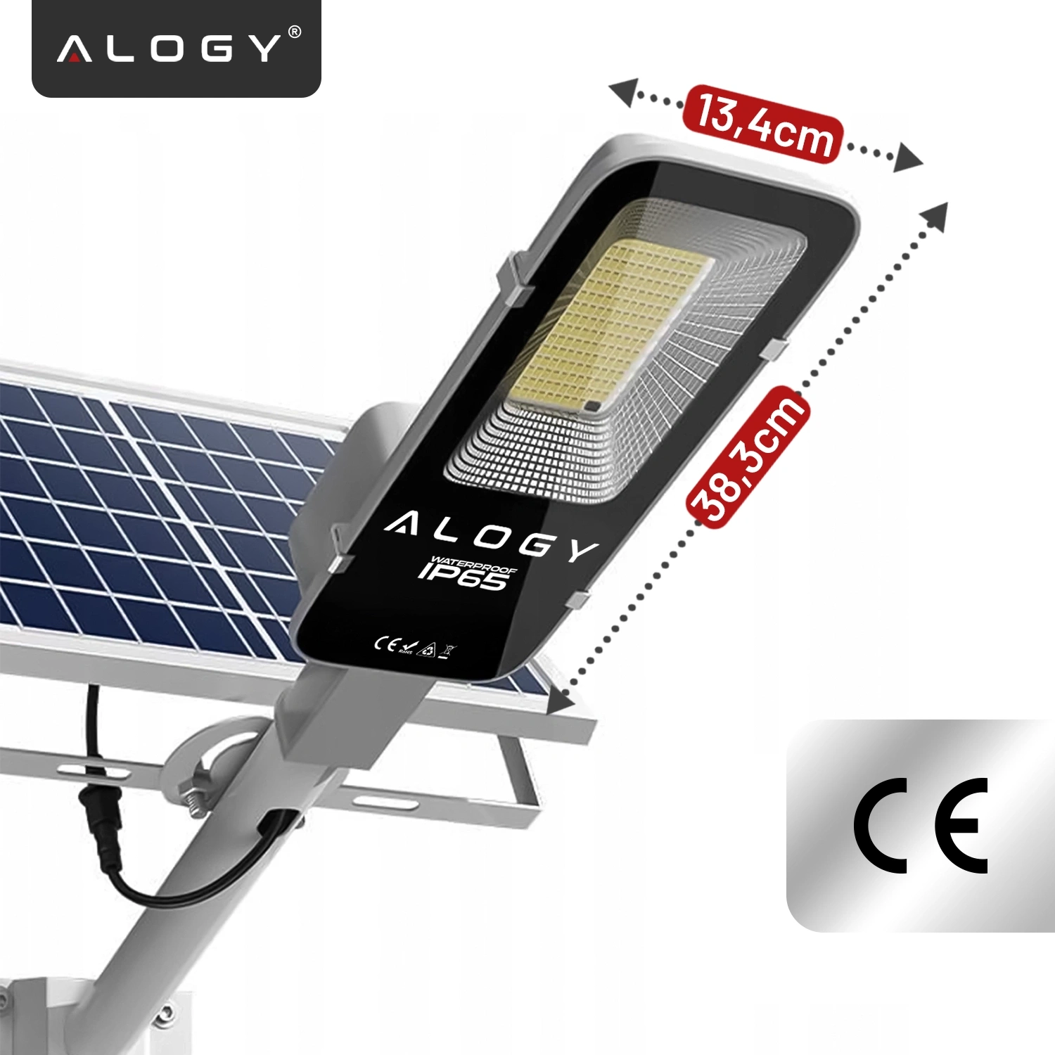 Obraz przedstawia lampę solarną z panelem słonecznym i oznaczeniami \'ALOGY\' oraz \'IP65\'. Wymiary lampy to 13,4 cm na 38,3 cm, a obok widoczne jest oznaczenie CE.