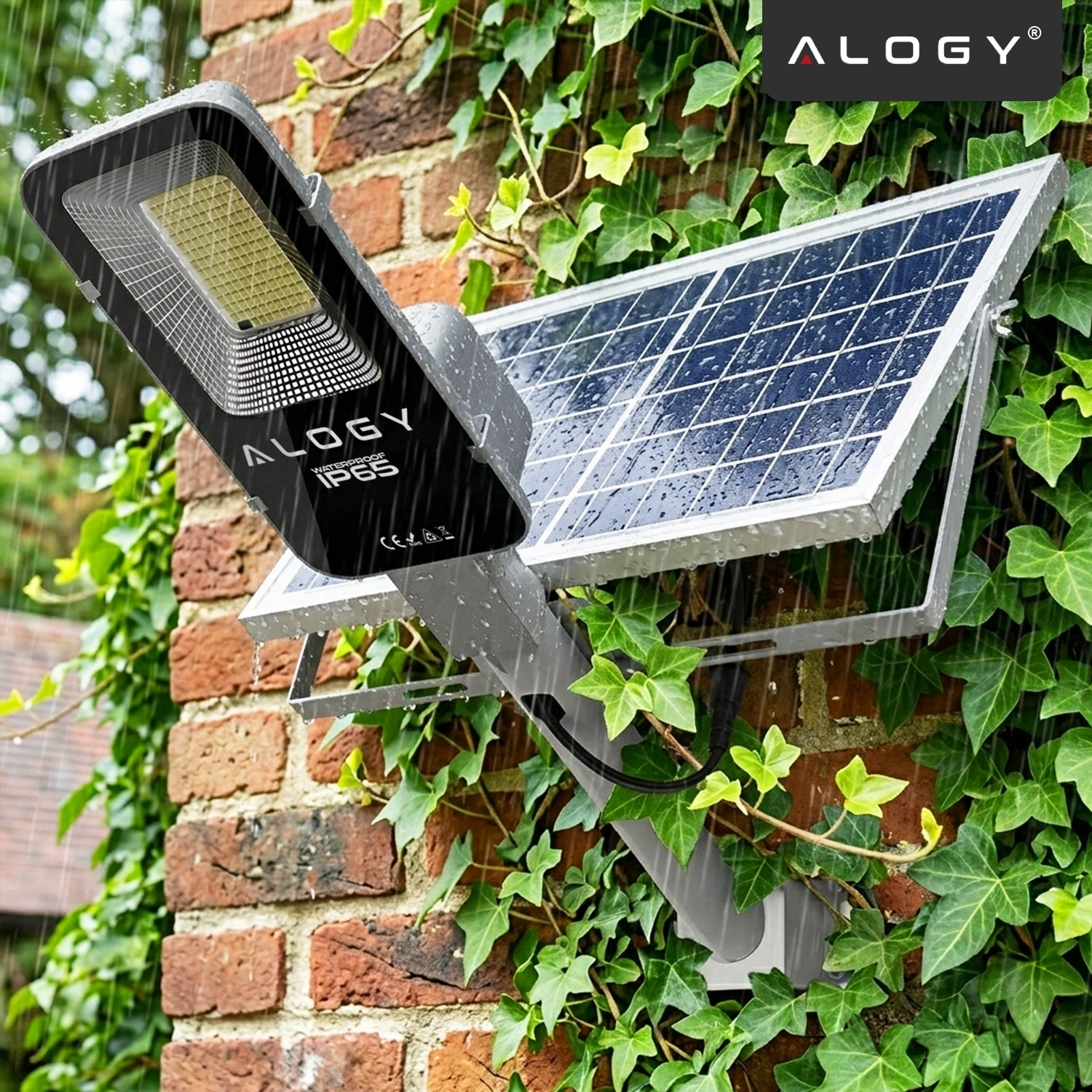 Na obrazie widoczna jest lampa solarna zamontowana na ścianie z cegieł, otoczona bluszczem, podczas deszczu. Na lampie widnieje napis \'ALOGY IP65\'.