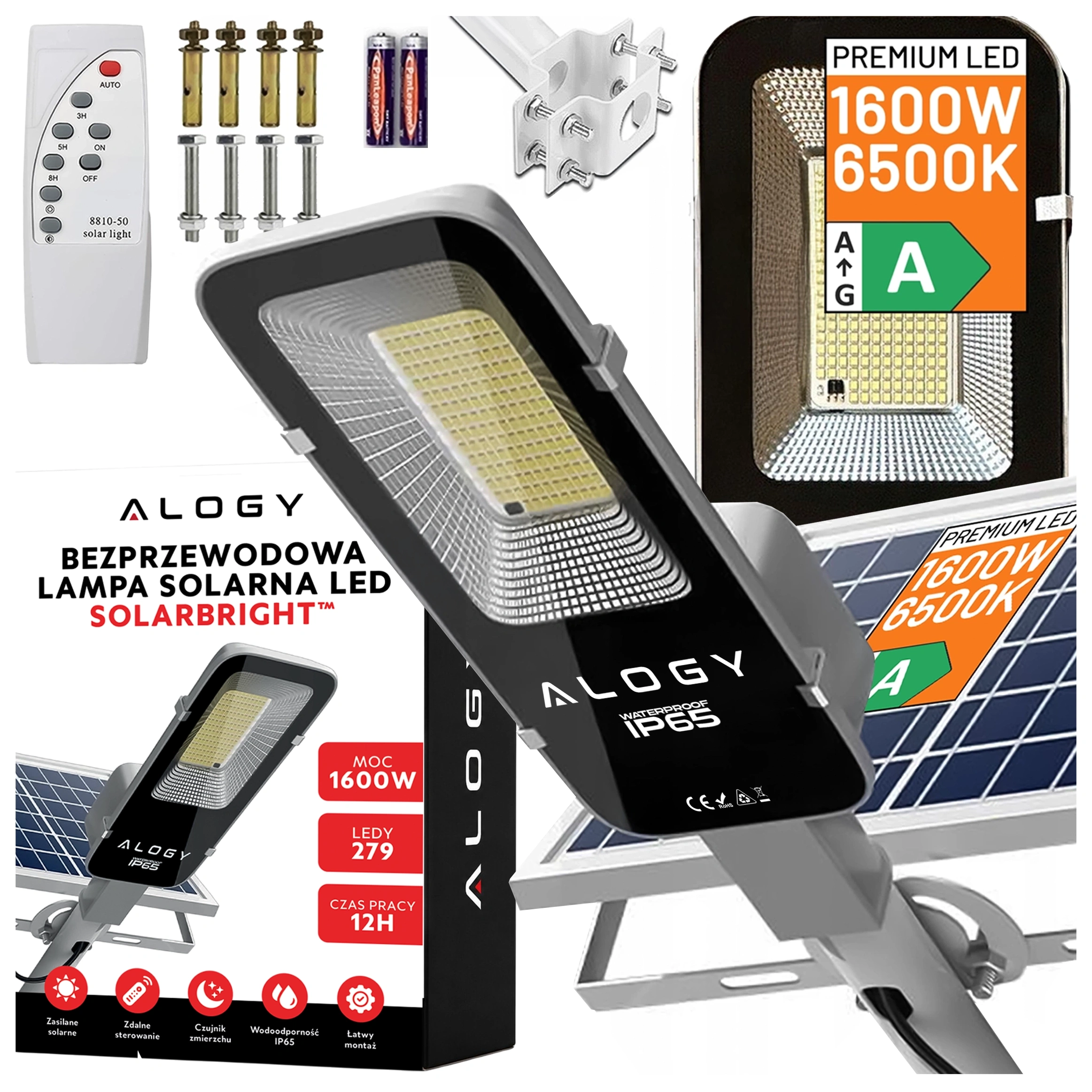 Obraz przedstawia bezprzewodową lampę solarną LED marki Alogy z oznaczeniem \'SOLARBRIGHT\', o mocy 1600W i klasie wodoodporności IP65. Widoczne są również akcesoria montażowe, pilot zdalnego sterowania oraz informacje o parametrach: 1600W, 6500K, czas pracy 12H, LEDY 279.