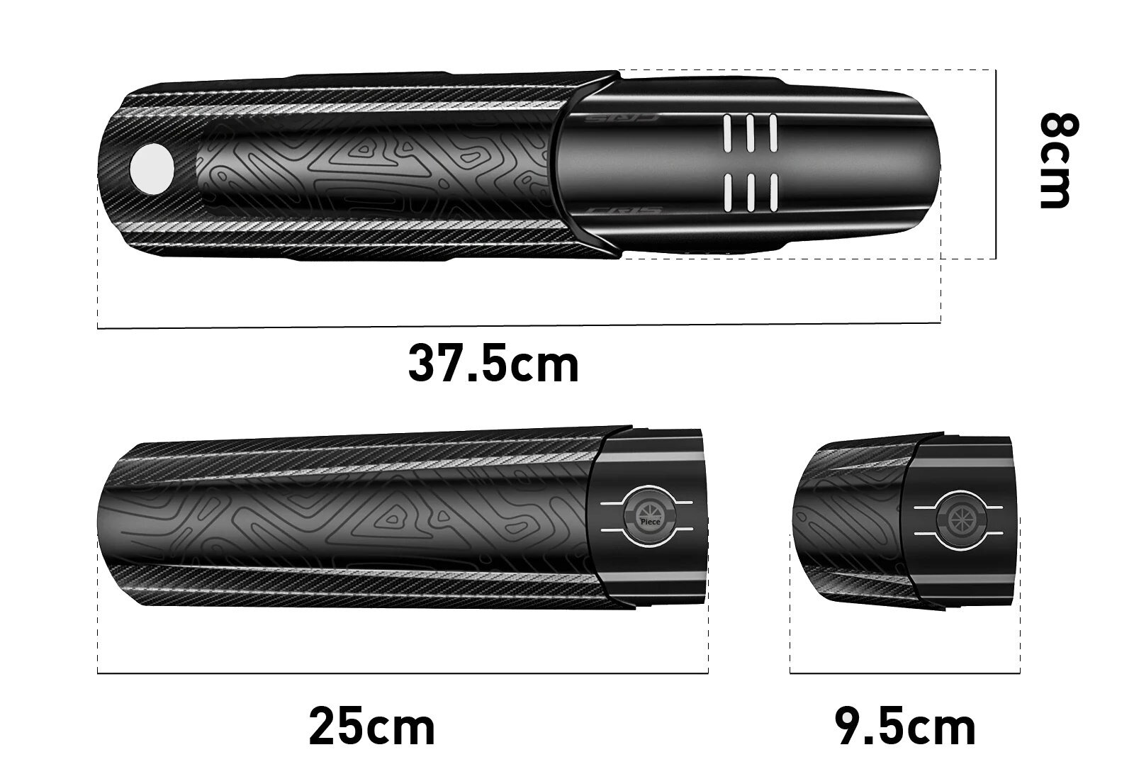 Obraz przedstawia trzy czarne błotniki rowerowe o różnych długościach: 37.5 cm, 25 cm i 9.5 cm, z widocznymi wzorami i otworami montażowymi. Wymiary szerokości to 8 cm dla największego błotnika.