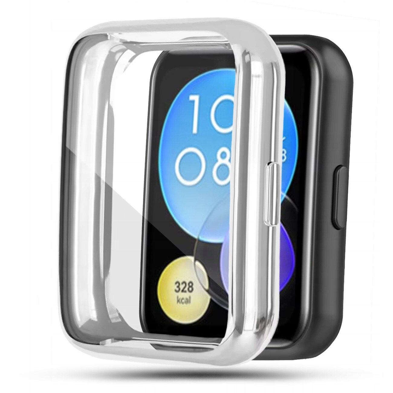 Przezroczyste etui ochronne na smartwatch, z widocznym ekranem urządzenia wyświetlającym cyfry \'10:08\' oraz \'328 kcal\'.