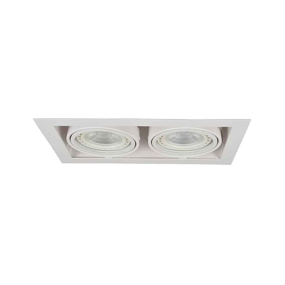 Na obrazie widoczna jest biała, prostokątna oprawa wpuszczana z dwoma okrągłymi reflektorami. Produkt ma minimalistyczny design i jest przeznaczony do montażu sufitowego.