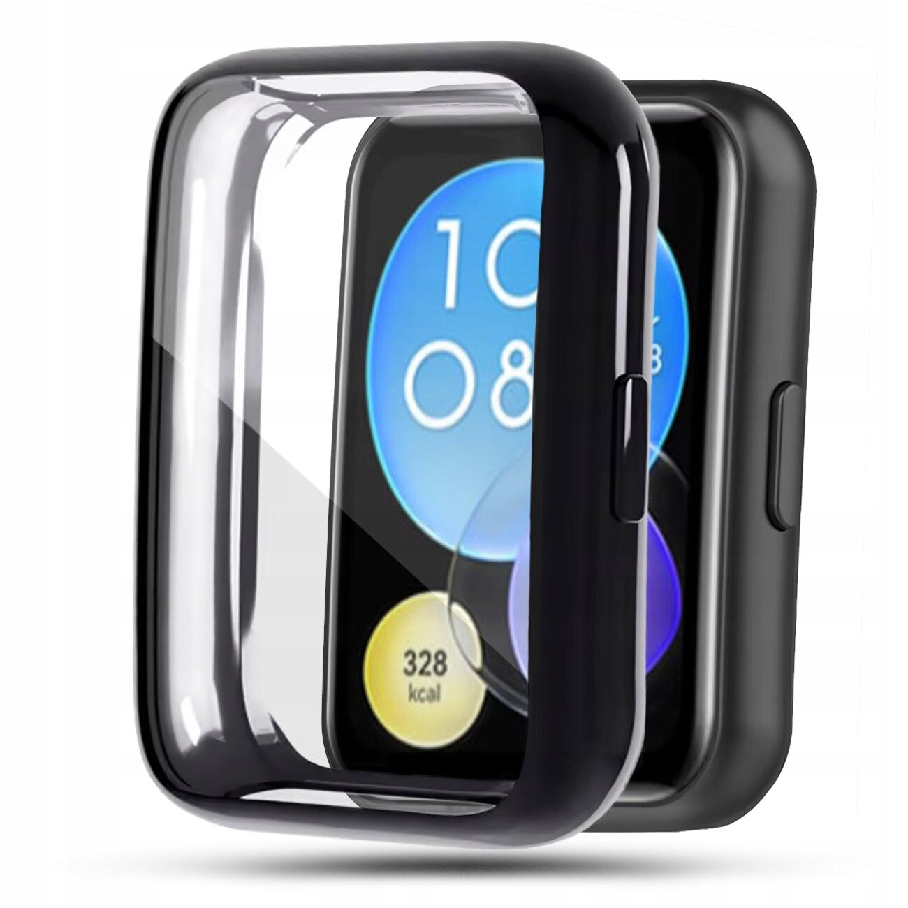 Przezroczyste etui ochronne na smartwatch z czarną ramką, pokazujące ekran z okrągłymi ikonami i tekstem \'328 kcal\'.