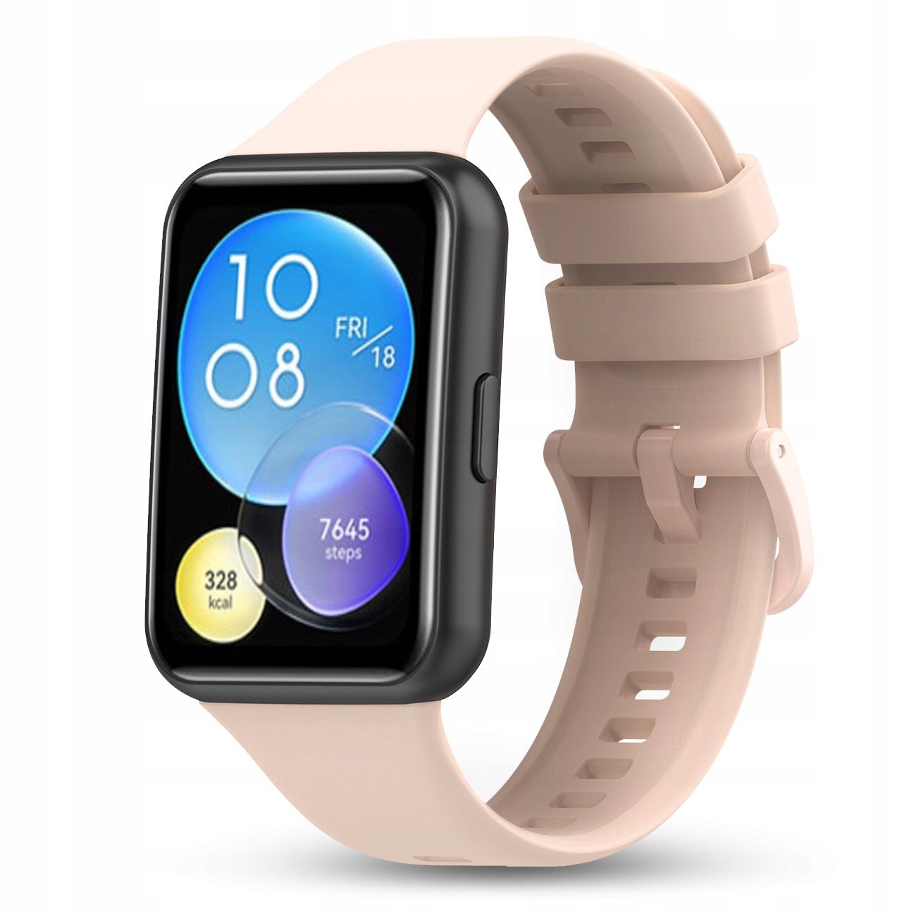 Smartwatch z prostokątnym ekranem, na którym wyświetlane są kolorowe okręgi z informacjami: \'10:08\', \'FRI 18\', \'328 kcal\', \'7645 steps\'. Urządzenie ma jasny silikonowy pasek z zapięciem na sprzączkę.