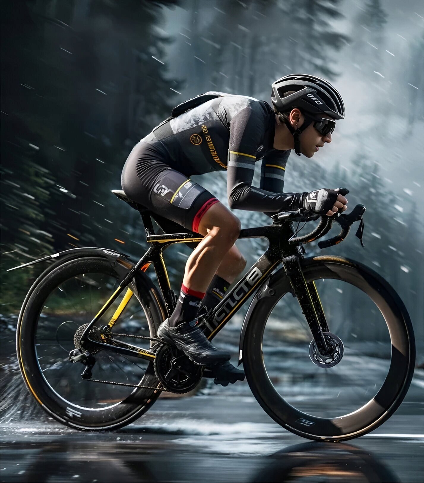Osoba na rowerze szosowym jedzie po mokrej nawierzchni w lesie, ubrana w strój kolarski i kask. Rower ma aerodynamiczne koła i widoczne logo na ramie.