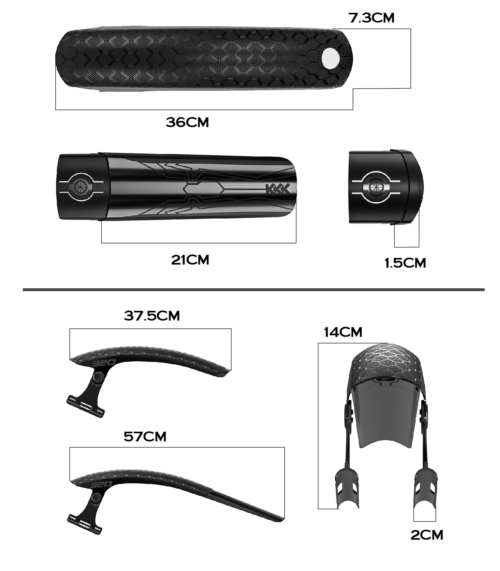 Obraz przedstawia różne części błotnika rowerowego z wymiarami: 36CM x 7.3CM, 21CM x 1.5CM, 37.5CM, 57CM, 14CM x 2CM. Elementy mają czarny kolor i geometryczne wzory.