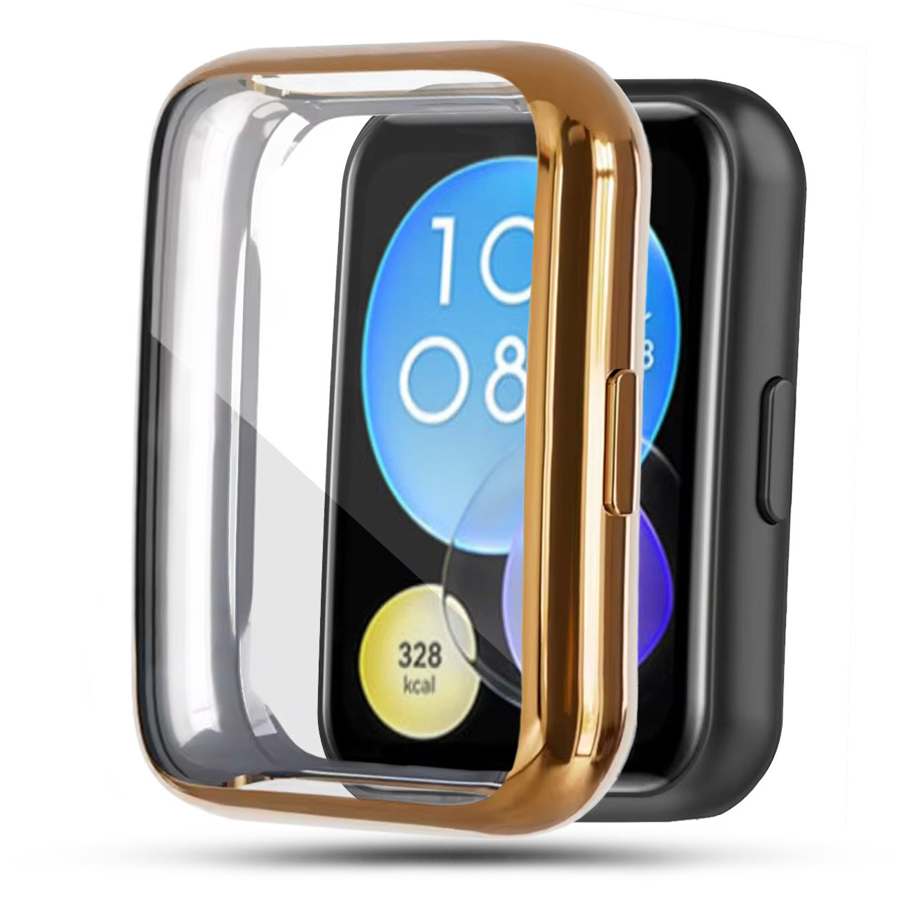 Obraz przedstawia silikonowe etui ochronne na smartwatch, z przezroczystą i złotą ramką. Na ekranie zegarka widoczne są cyfry \'10:08\' oraz liczba \'328 kcal\'.