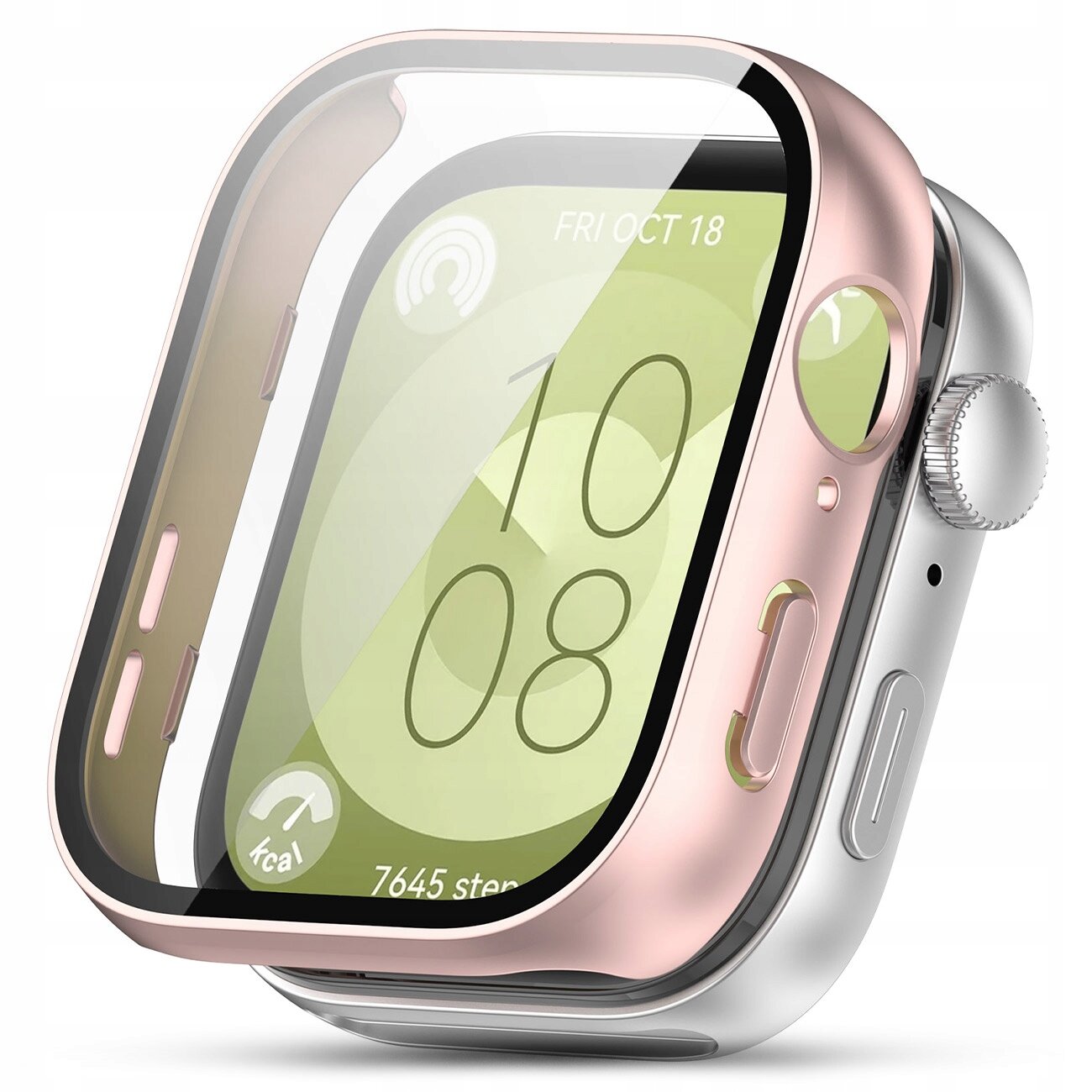 Obraz przedstawia smartwatch z założonym etui ochronnym w kolorze różowego złota. Na ekranie widoczna jest data \'FRI OCT 18\' oraz liczba \'10:08\'.