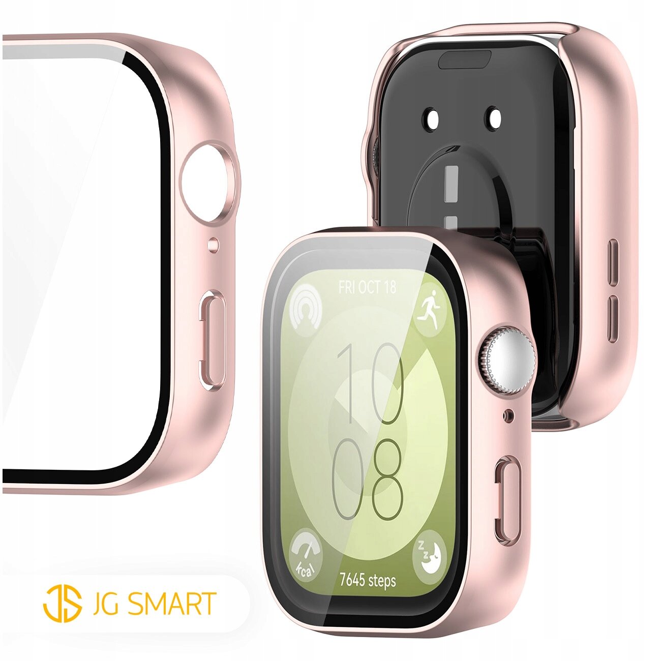 Obraz przedstawia różowe etui ochronne na smartwatch z wyświetlaczem pokazującym datę i liczbę kroków. W lewym dolnym rogu widoczne jest logo JG SMART.