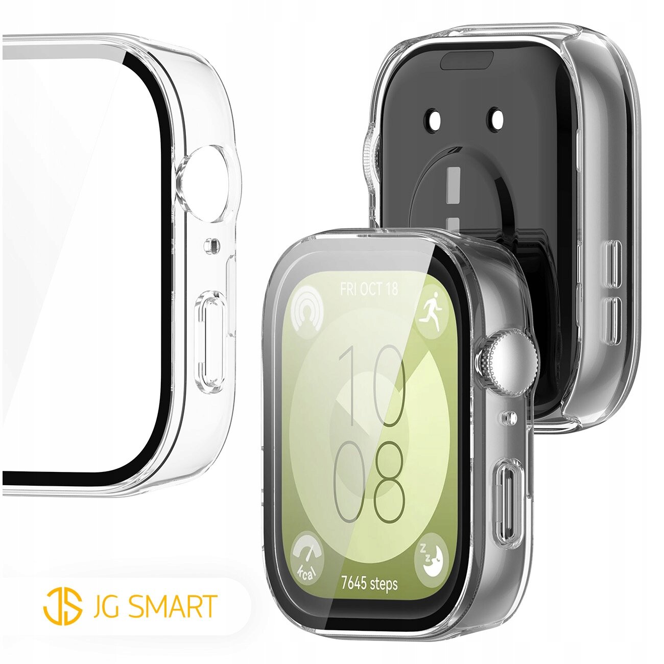 Obraz przedstawia przezroczyste etui ochronne na smartwatch z widocznym ekranem pokazującym datę \'FRI OCT 18\' i liczbę kroków \'7645 steps\'. W lewym dolnym rogu znajduje się logo \'JG SMART\'.