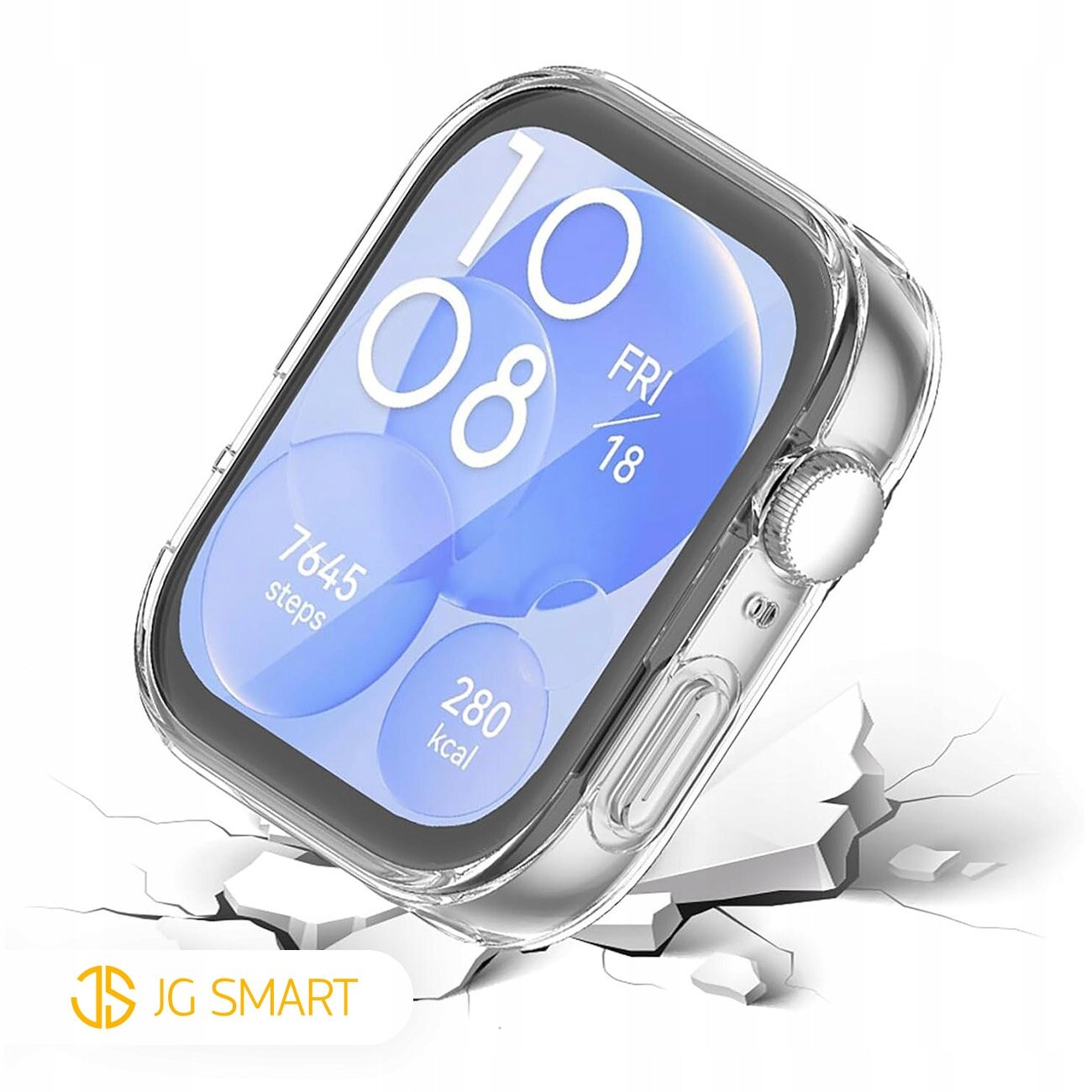 Obraz przedstawia przezroczyste etui ochronne na smartwatch z wyświetlaczem pokazującym godzinę 10:08, datę piątek 18 oraz dane 7645 kroków i 280 kcal. W lewym dolnym rogu widoczne jest logo JG SMART.