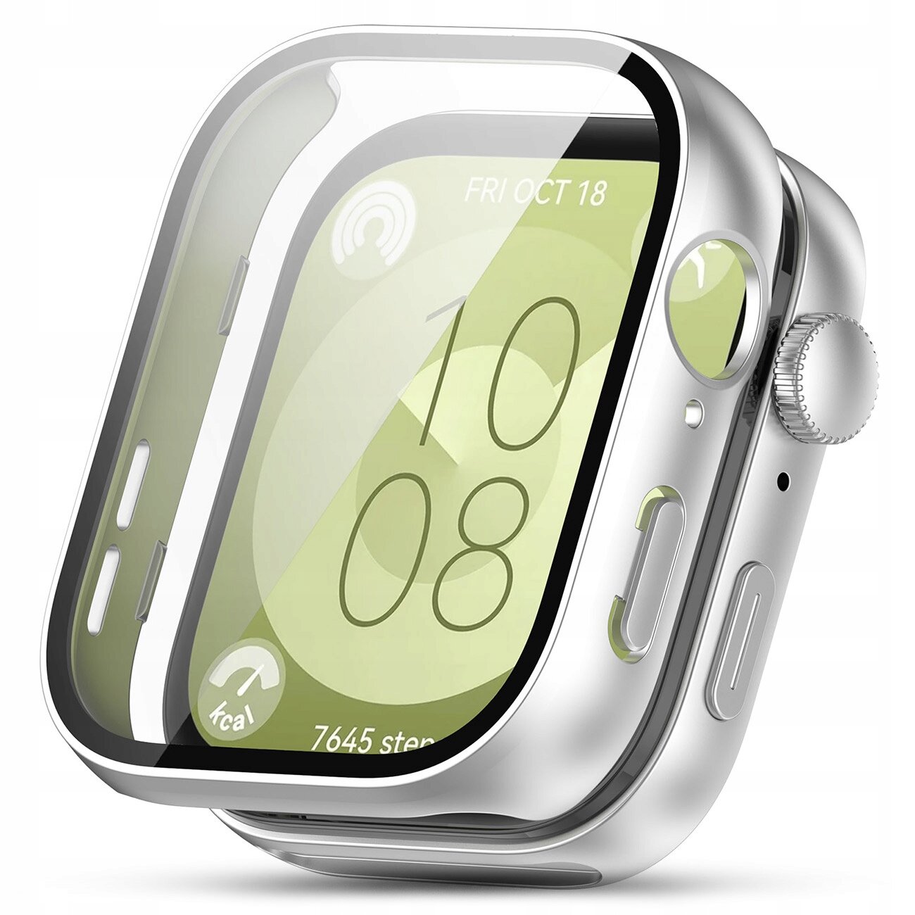 Obraz przedstawia srebrne etui ochronne na smartwatch z przezroczystym szkłem hartowanym. Na ekranie zegarka widoczna jest godzina 10:08 oraz data FRI OCT 18.