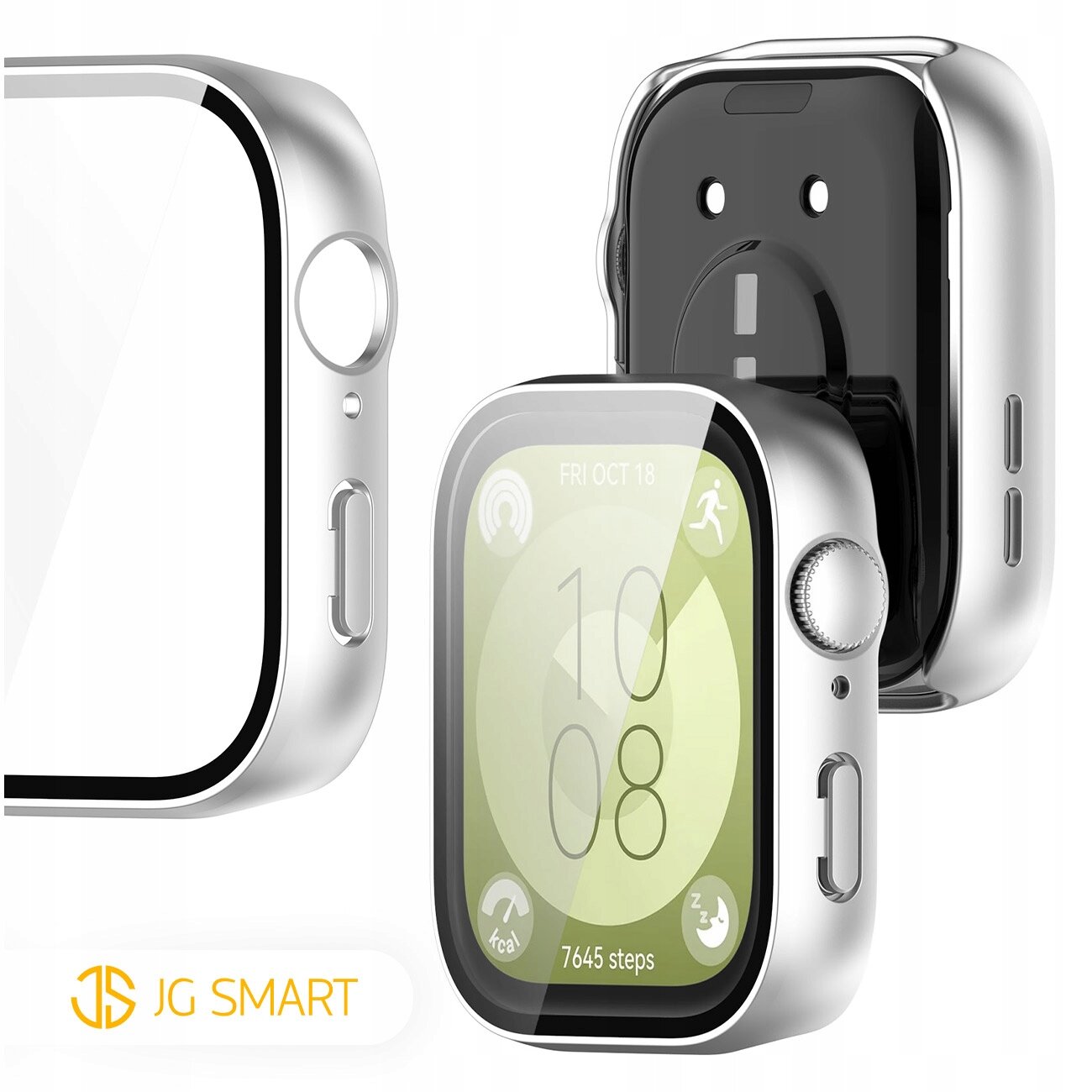 Obraz przedstawia etui ochronne na smartwatch z metalicznym wykończeniem, z widocznym ekranem pokazującym datę i liczbę kroków. W lewym dolnym rogu znajduje się logo \'JG SMART\'.