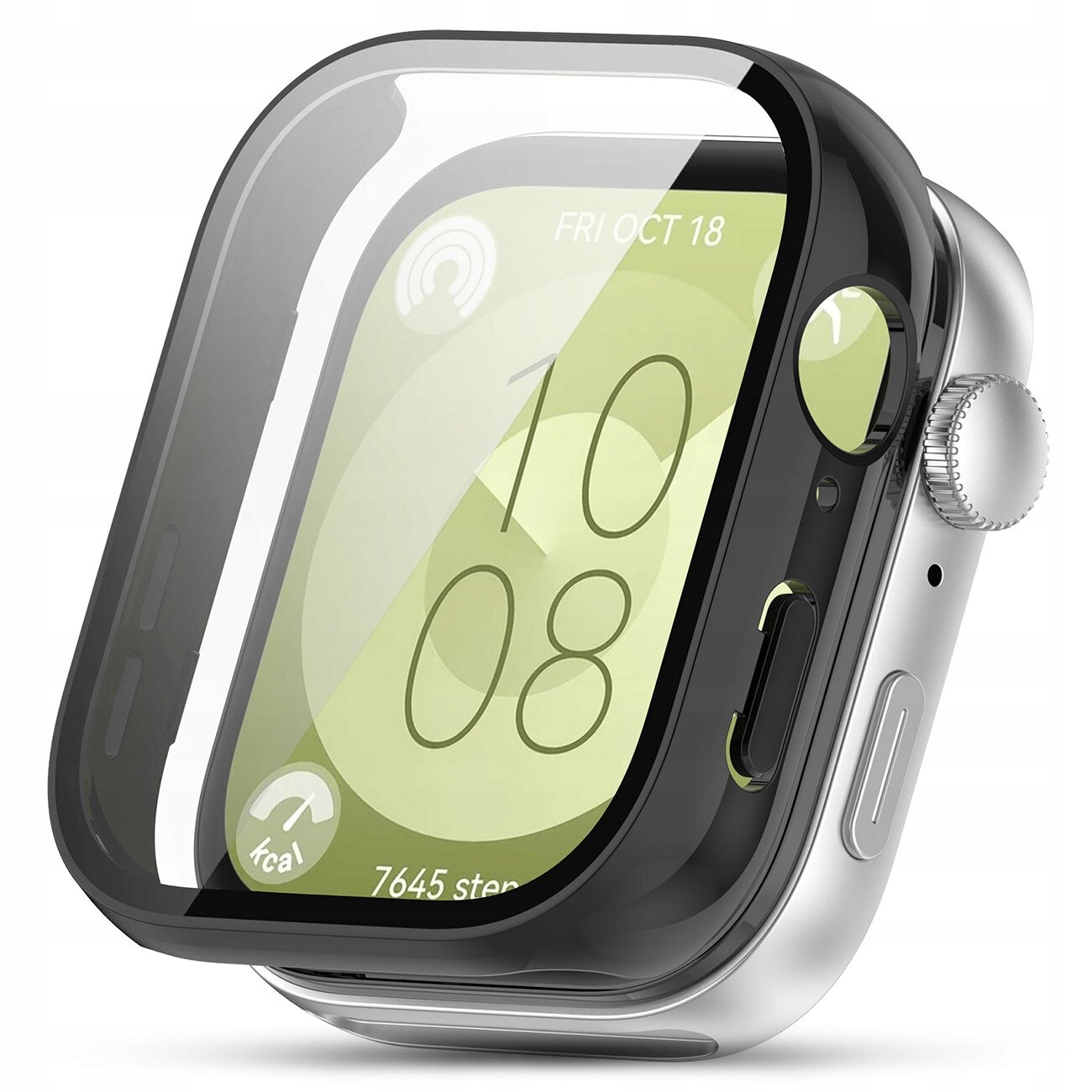 Obraz przedstawia smartwatch z nałożonym przezroczystym etui ochronnym. Na ekranie widoczna jest godzina 10:08 oraz data FRI OCT 18.