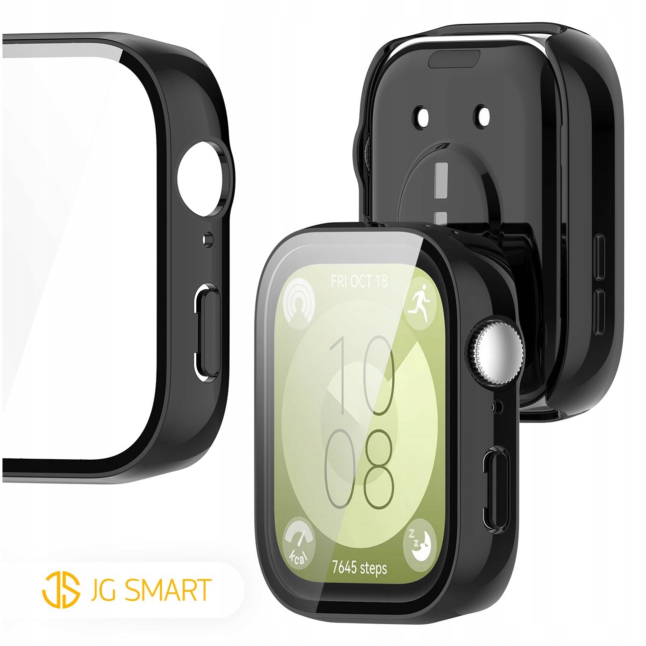 Obraz przedstawia czarne etui ochronne na smartwatch z wycięciami na przyciski i ekran. W lewym dolnym rogu widoczne jest logo \'JG SMART\'.