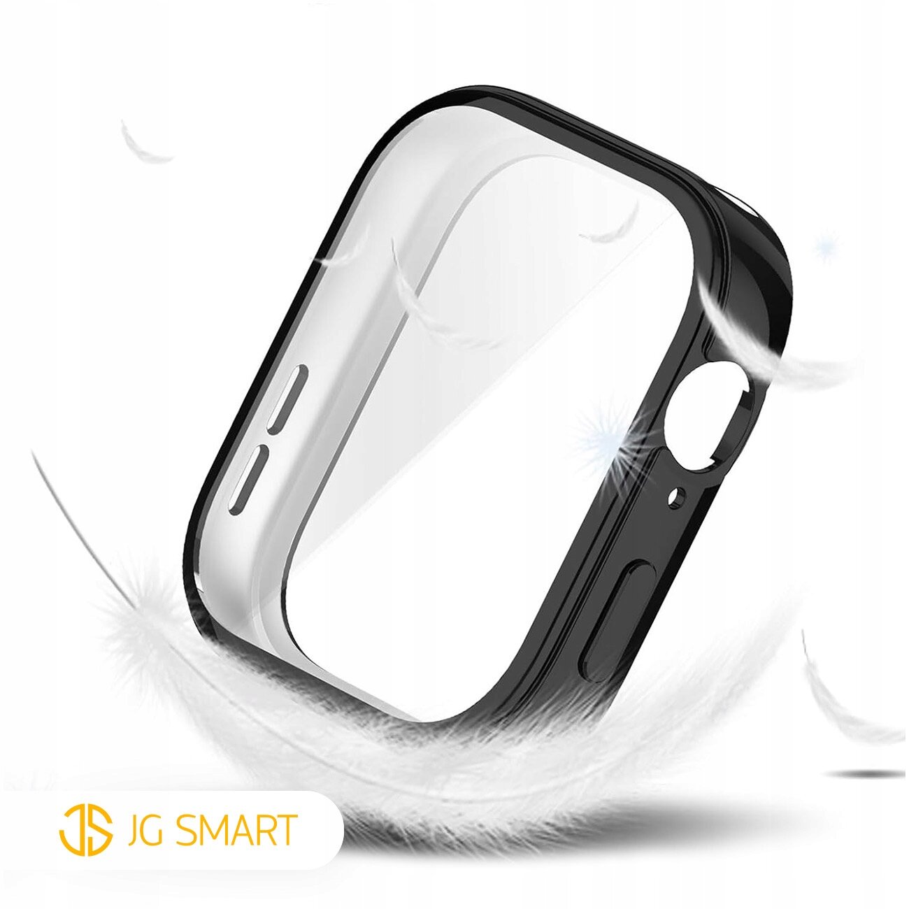Obraz przedstawia czarne etui ochronne z przezroczystym frontem, unoszące się w otoczeniu białych piór. W lewym dolnym rogu widoczne jest logo \'JG SMART\'.