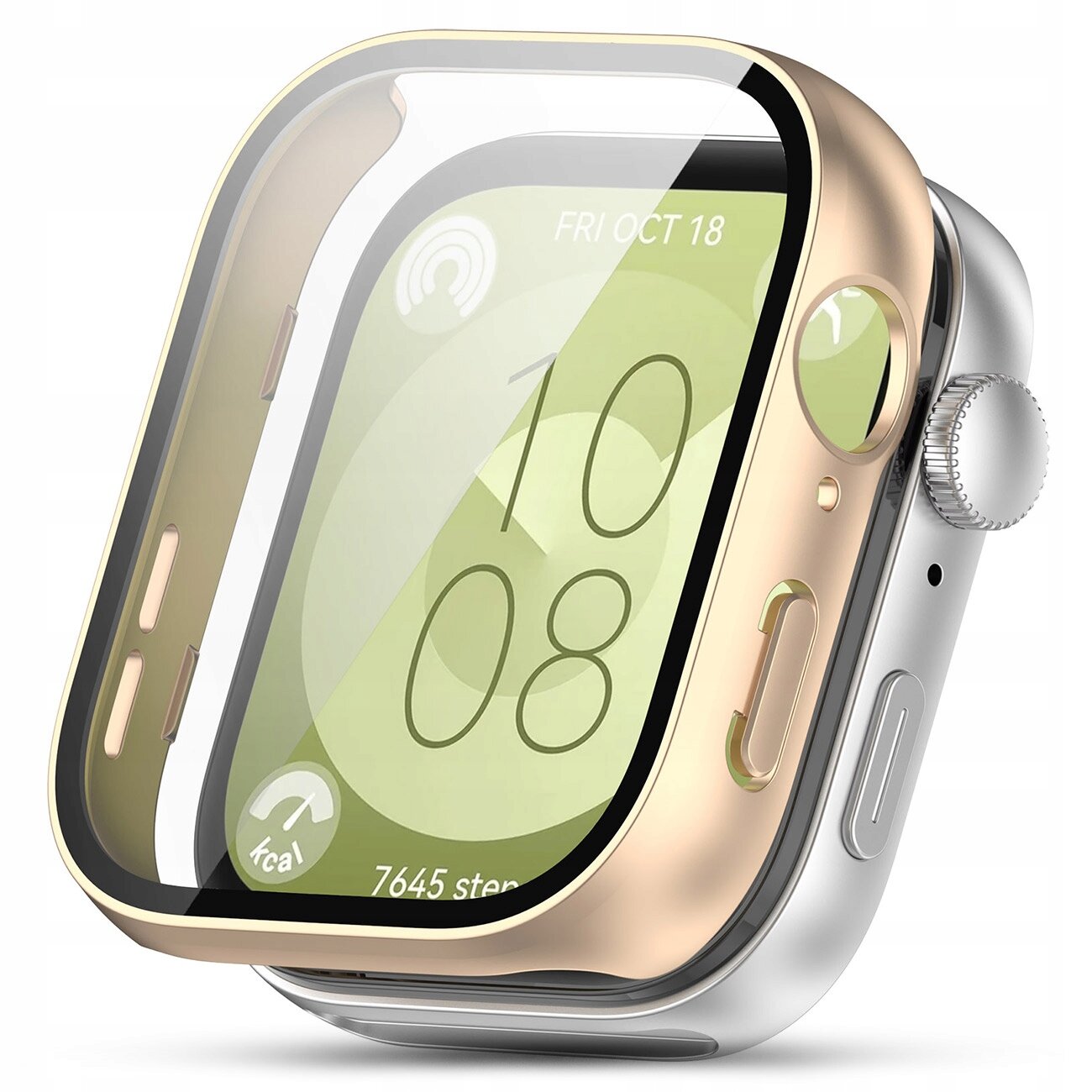 Obraz przedstawia smartwatch z założonym złotym etui ochronnym i szkłem hartowanym. Na ekranie widoczna jest godzina 10:08 oraz data FRI OCT 18.