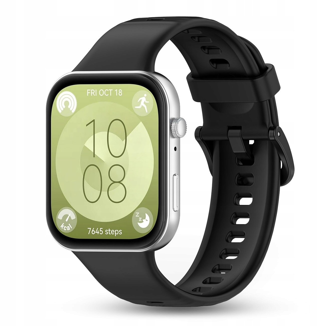Smartwatch z czarnym silikonowym paskiem i srebrną obudową, na ekranie widoczna jest godzina 10:08 oraz data FRI OCT 18. Na tarczy znajdują się ikony aktywności, kalorii i snu oraz liczba kroków 7645 steps.