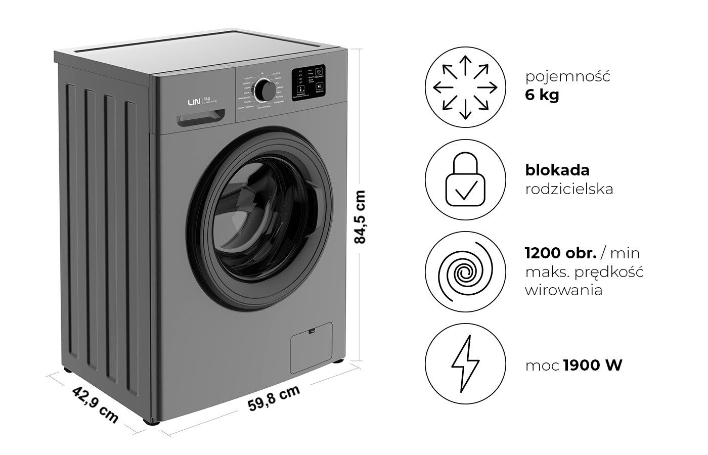 Obraz przedstawia pralkę w kolorze szarym z panelem sterowania i okrągłym bębnem. Obok pralki znajdują się informacje: pojemność 6 kg, blokada rodzicielska, 1200 obr./min maks. prędkość wirowania, moc 1900 W oraz wymiary 84,5 cm x 59,8 cm x 42,9 cm.