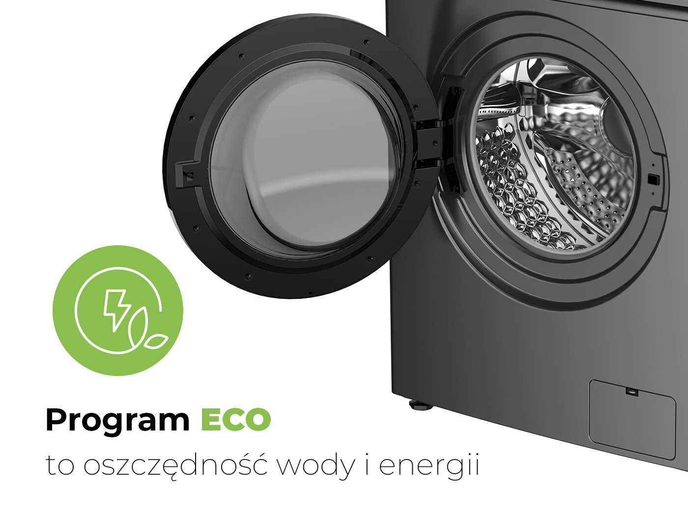 Obraz przedstawia otwarte drzwiczki pralki z widocznym bębnem. Obok znajduje się zielona ikona z symbolem liścia i błyskawicy oraz tekst: \'Program ECO to oszczędność wody i energii\'.