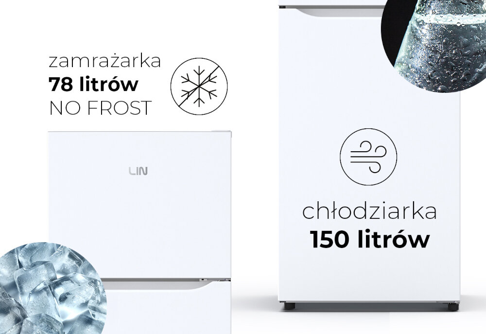 LODÓWKA LIN LI-BCD-228 Grafika przedstawia lodówkę z oznaczeniami pojemności: chłodziarka 150 litrów i zamrażarka 78 litrów. Dodatkowo widoczne są zdjęcia kostek lodu oraz symbole płatka śniegu i przepływu powietrza pojemność 228 l chłodziarka 150 l zamrażarka 78 l wygodne przechowywanie