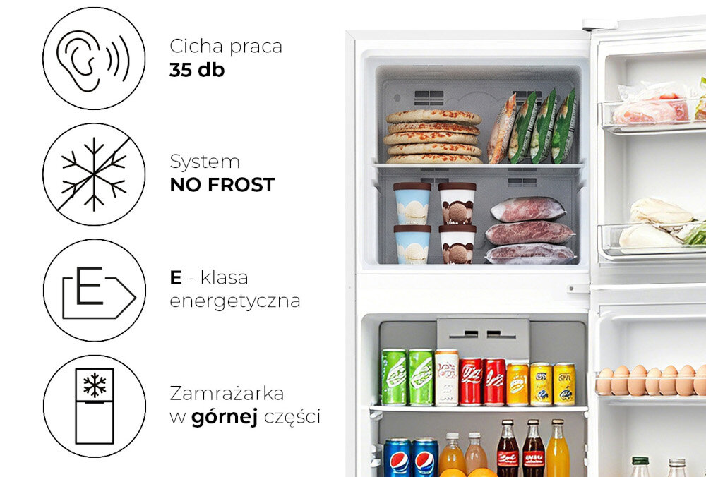 LODÓWKA LIN LI-BCD-228 Otwarte wnętrze lodówki wypełnione napojami, jajkami i produktami spożywczymi. Po lewej stronie znajdują się ikony oraz napisy „35 dB”, „NO FROST”, „E - klasa energetyczna” i „Zamrażarka w górnej części” cicha praca 35 dB komfort użytkowania otwarta kuchnia klasa energetyczna E oszczędne użytkowanie codzienna wydajność