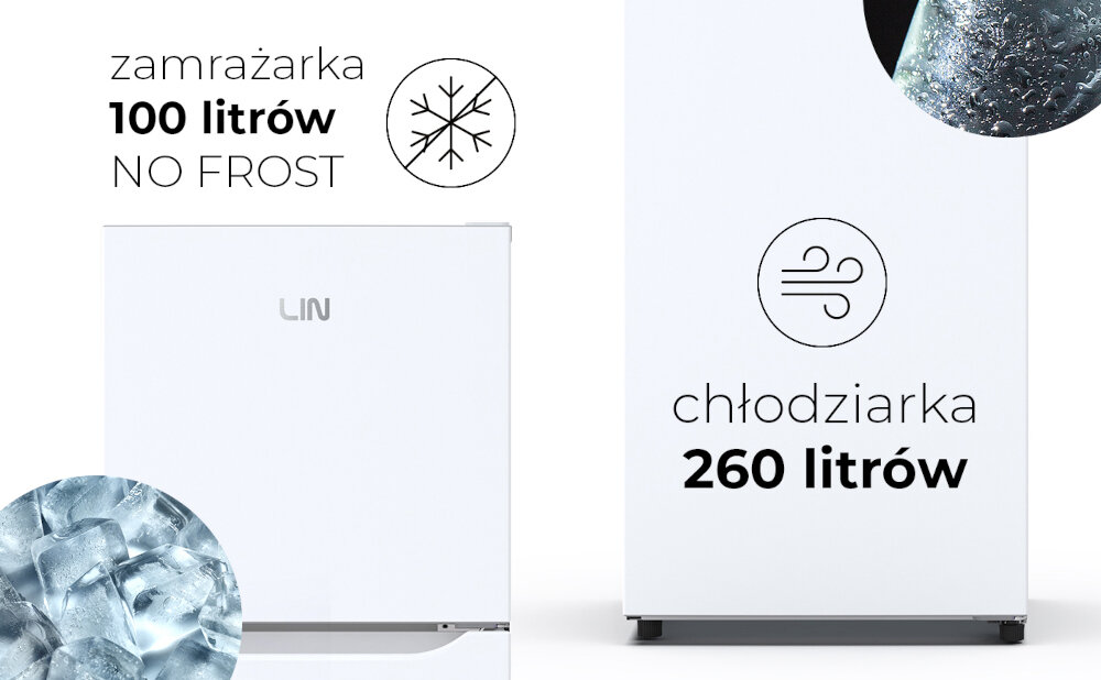 LODÓWKA LIN LI-BCD-360 Grafika przedstawia lodówkę z oznaczeniami pojemności: chłodziarka 260 litrów i zamrażarka 100 litrów. Dodatkowo widoczne są zdjęcia kostek lodu oraz symbole płatka śniegu i przepływu powietrza pojemność 360 l chłodziarka 260 l zamrażarka 100 l wygodne przechowywanie