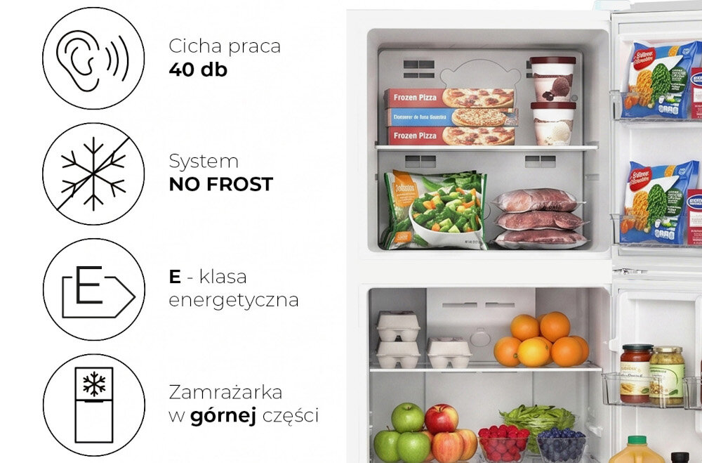LODÓWKA LIN LI-BCD-360 Otwarte wnętrze lodówki wypełnione napojami, jajkami i produktami spożywczymi. Po lewej stronie znajdują się ikony oraz napisy „35 dB”, „NO FROST”, „E - klasa energetyczna” i „Zamrażarka w górnej części” cicha praca 35 dB komfort użytkowania otwarta kuchnia klasa energetyczna E oszczędne użytkowanie codzienna wydajność