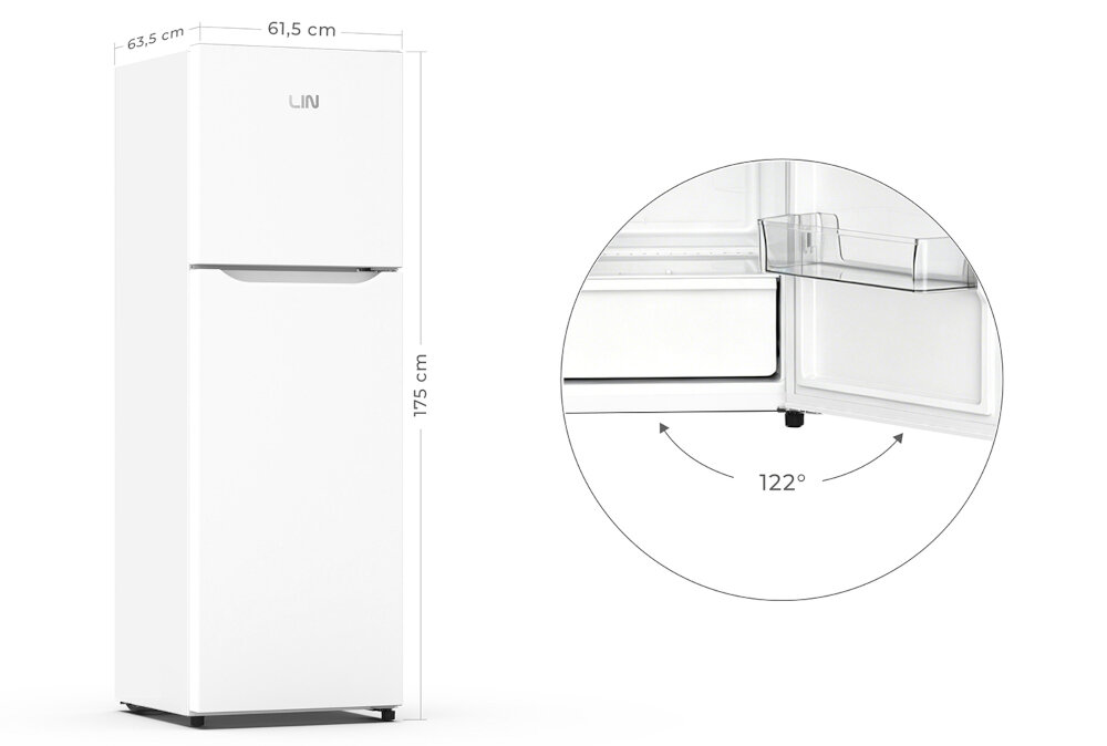 LODÓWKA LIN LI-BCD-360 Grafika prezentuje lodówkę LIN z podanymi wymiarami: 175 cm wysokości, 61,5 cm szerokości i 63,5 cm głębokości. Obok pokazano schemat otwierania drzwi pod kątem 122° pokrętło regulacji intuicyjne sterowanie łatwe ustawienie temperatury szerokość 54 3 cm kompaktowe wymiary łatwe dopasowanie do kuchni