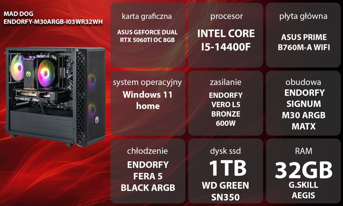 Osoba siedzi przy biurku, używając komputera stacjonarnego z podświetlaną klawiaturą i monitorem wyświetlającym grę. W tle widoczne jest logo media expert.
