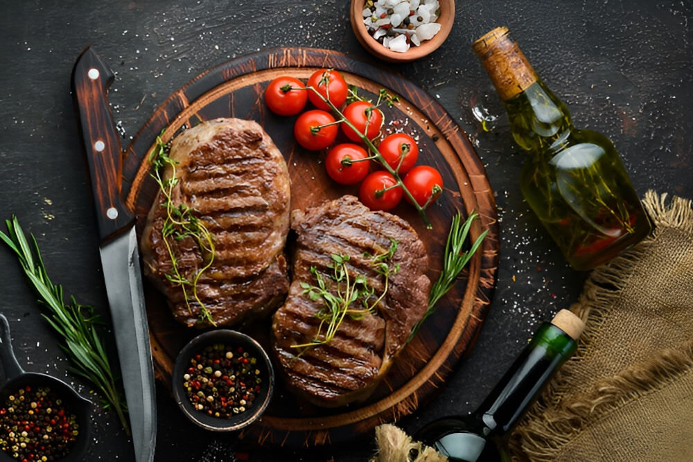 Na drewnianej desce znajdują się dwa grillowane steki z gałązkami ziół oraz gałązka pomidorków koktajlowych. Obok leży nóż, miseczka z kolorowym pieprzem i butelka oliwy.