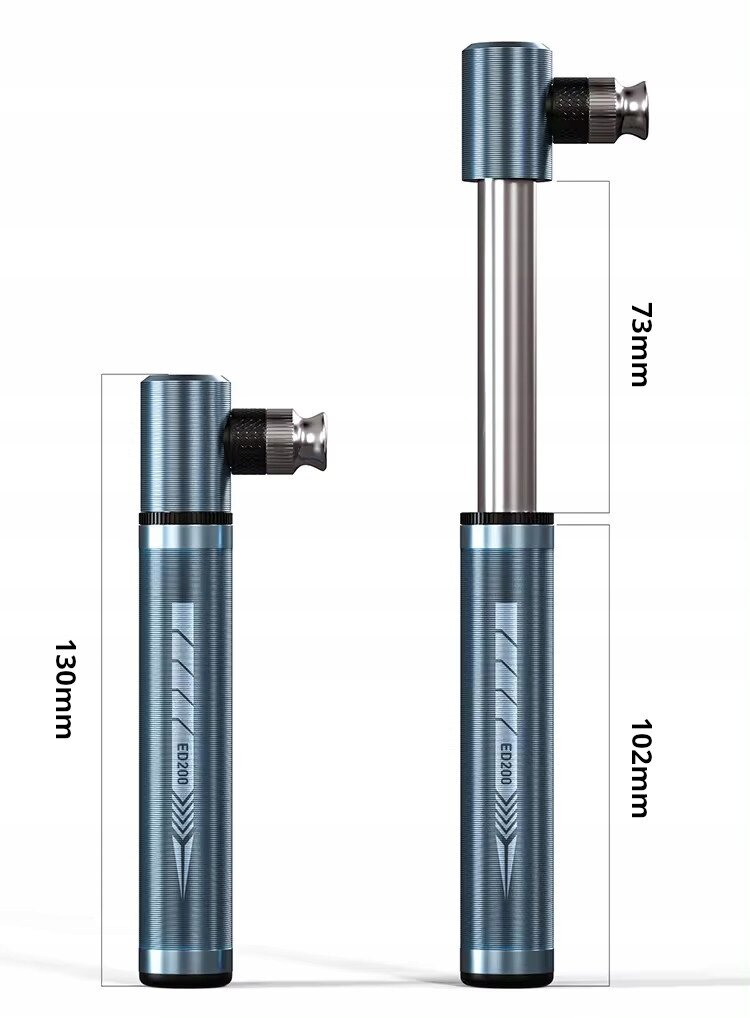 Na obrazie widoczna jest niebieska mini pompka do opon z metalicznym wykończeniem, przedstawiona w dwóch pozycjach: złożonej o długości 130 mm i rozłożonej o długości 102 mm z dodatkowym wysunięciem 73 mm. Na korpusie pompki znajduje się napis \'ED2020\'.