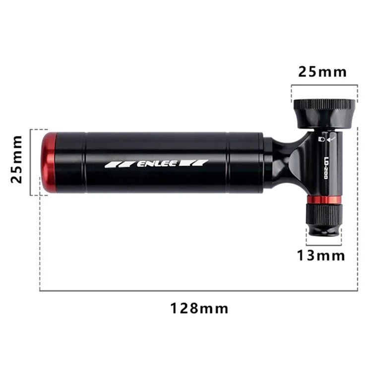 Czarna aluminiowa pompka rowerowa z czerwonymi akcentami, oznaczona logo \'ENLEE\'. Wymiary pompki to 128 mm długości, 25 mm średnicy głównej części i 13 mm średnicy końcówki.
