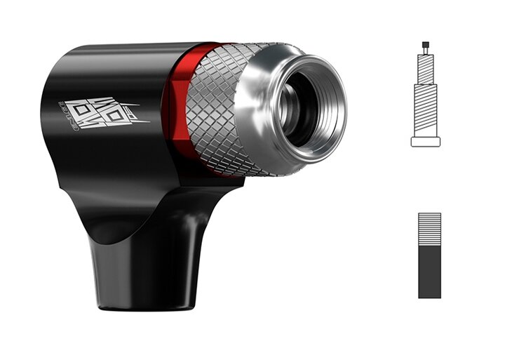 Na obrazie widoczna jest aluminiowa pompka rowerowa na naboje CO2 z logo producenta. Obok znajdują się schematyczne rysunki przedstawiające elementy pompki.