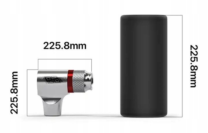 Obraz przedstawia aluminiową pompkę rowerową na naboje CO2 oraz czarny cylinder, oba o wysokości 225.8mm. Na pompce widoczny jest czerwony pierścień i srebrny element z wygrawerowanym wzorem.