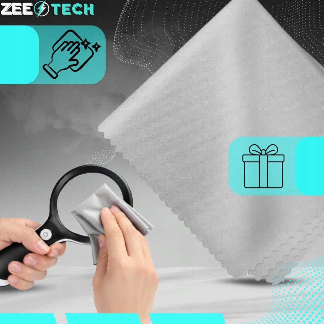 Osoba trzyma lupę z czarną rączką i przeciera ją szmatką. W tle widoczne jest duże, szare płótno oraz logo \'ZEETECH\'.