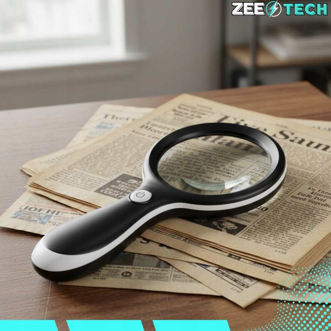 Na drewnianym stole leży lupa z czarną rączką i przyciskiem, umieszczona na stosie gazet. W prawym górnym rogu widoczne jest logo \'ZEETECH\'.