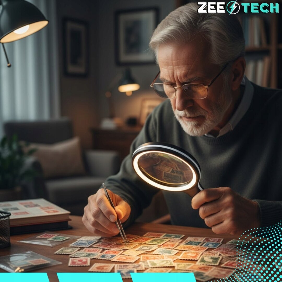 Osoba używa lupy z podświetleniem LED do oglądania znaczków pocztowych na stole. W rogu widoczne jest logo \'ZEETECH\'.