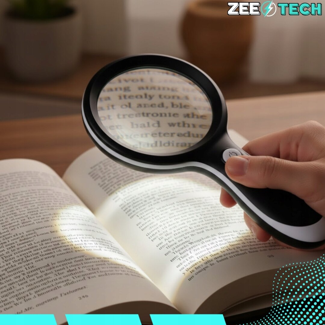 Osoba trzyma lupę powiększającą nad otwartą książką, a tekst na stronie jest powiększony. W prawym górnym rogu widoczne jest logo \'ZEETECH\'.