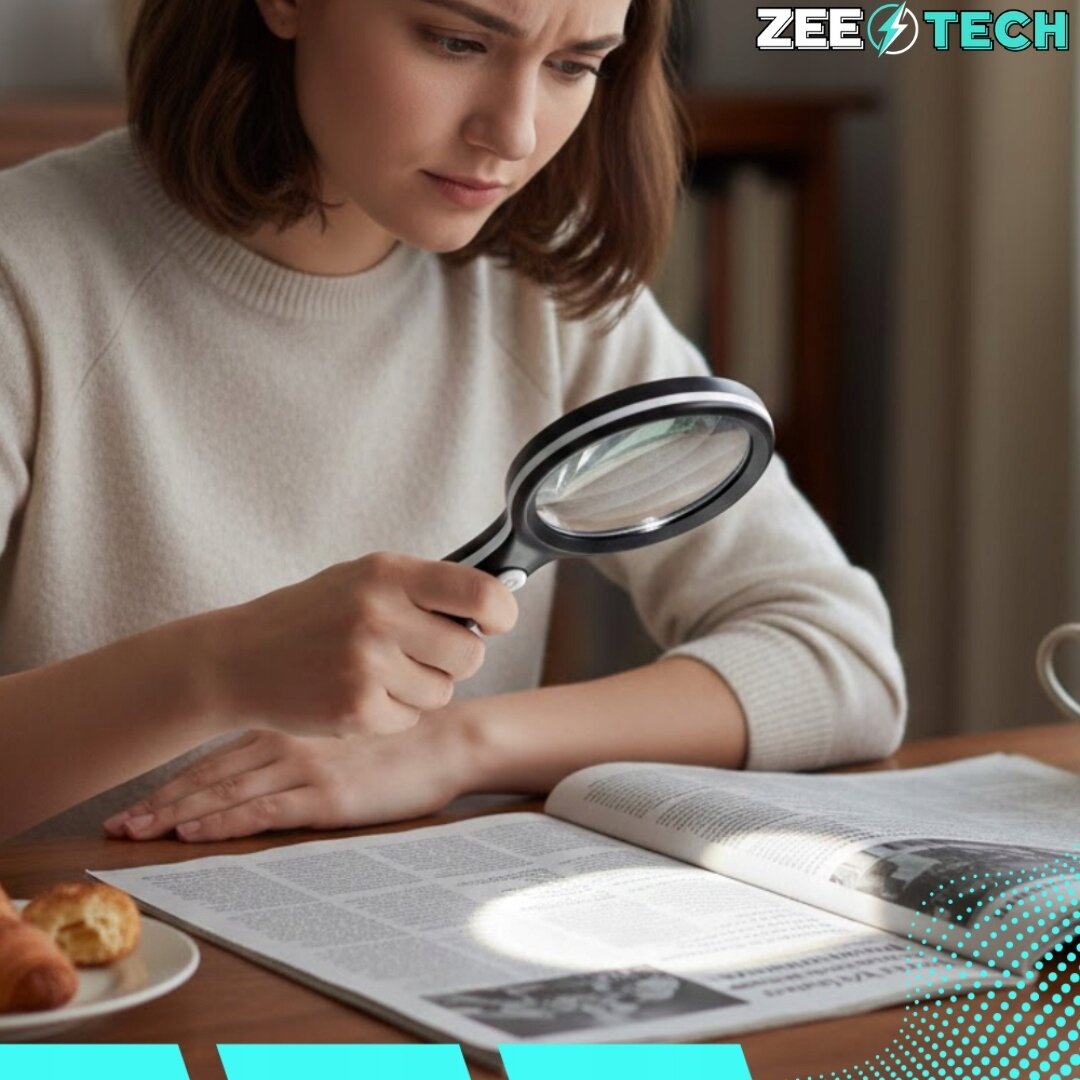 Osoba trzyma lupę powiększającą nad otwartą książką, skupiając się na tekście. W prawym górnym rogu widoczne jest logo \'ZEETECH\'.