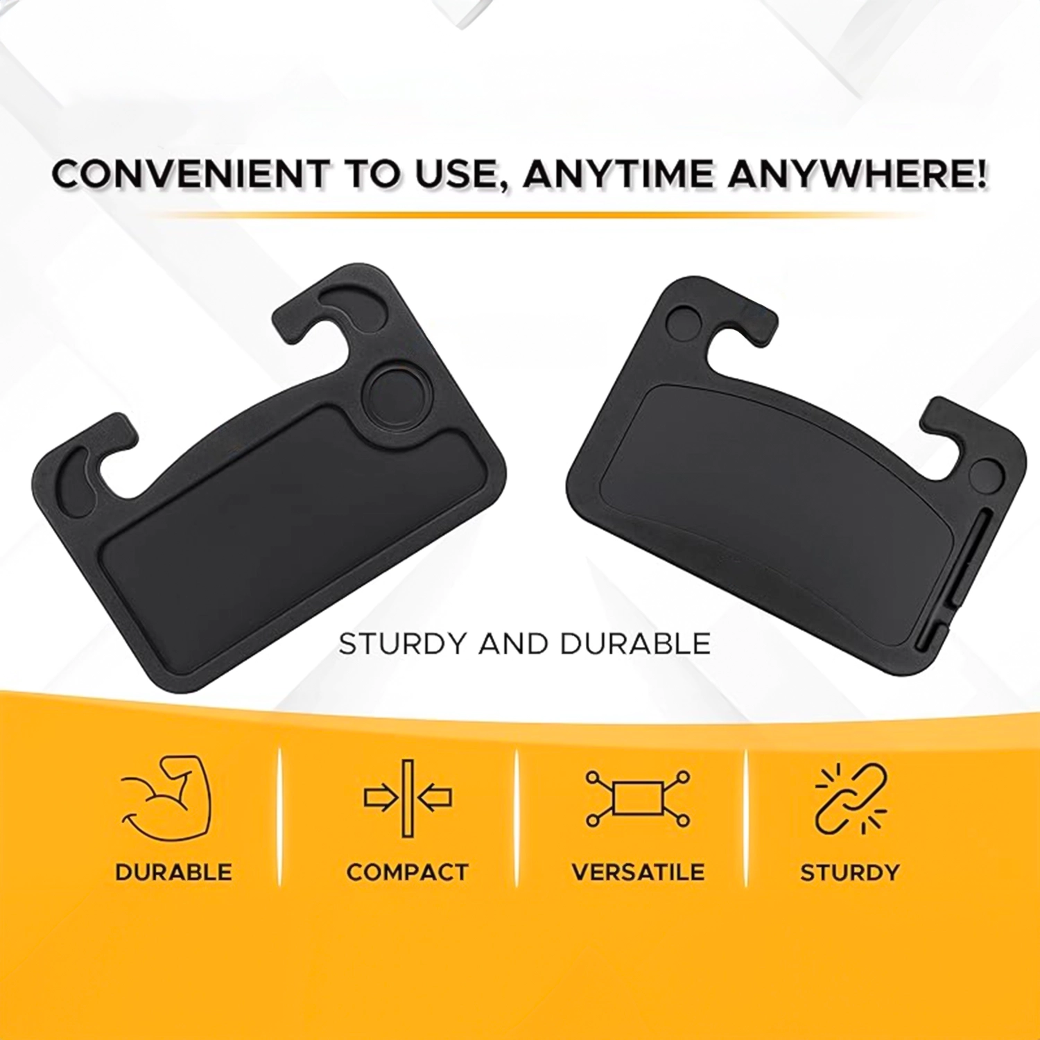 Na obrazie widoczne są dwa czarne organizery samochodowe z uchwytami, przeznaczone do montażu na kierownicy. Tekst na obrazie: \'CONVENIENT TO USE, ANYTIME ANYWHERE!\', \'STURDY AND DURABLE\', \'DURABLE\', \'COMPACT\', \'VERSATILE\', \'STURDY\'.