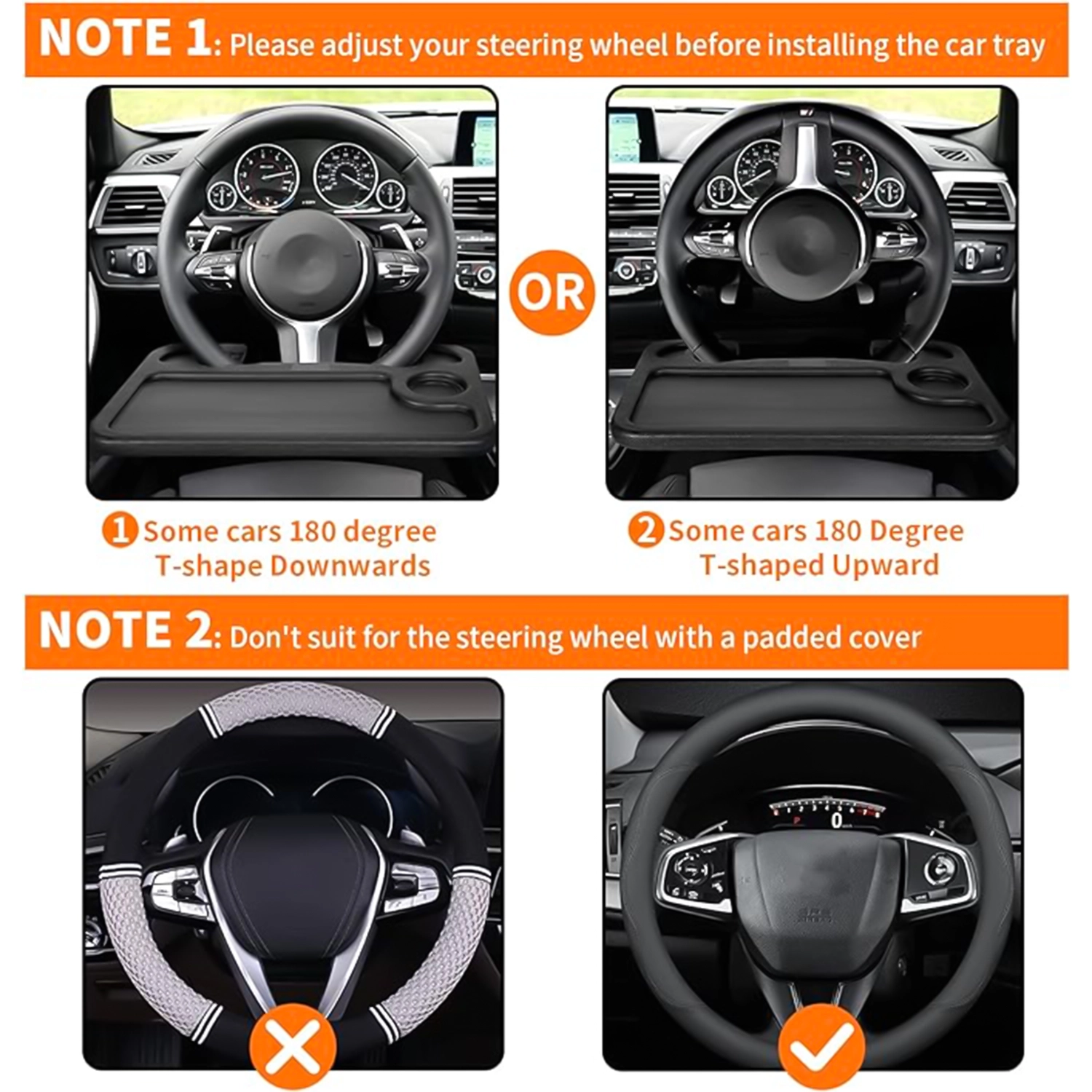 Obraz przedstawia cztery zdjęcia kierownic samochodowych z zamontowanym organizerem w formie stolika. Na górze widnieje tekst: \'NOTE 1: Please adjust your steering wheel before installing the car tray\', a na dole: \'NOTE 2: Don\'t suit for the steering wheel with a padded cover\'.
