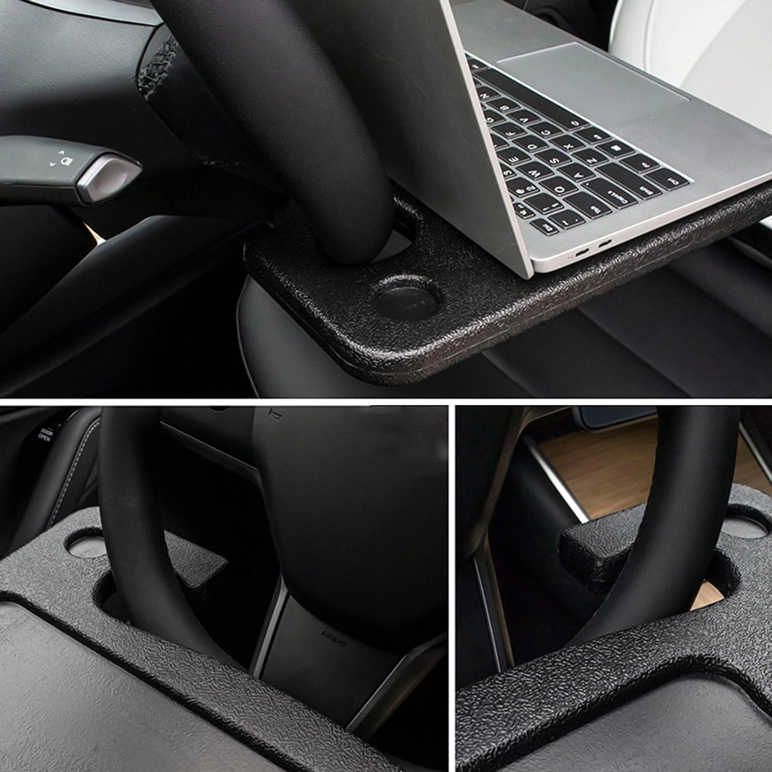 Czarny organizer samochodowy zamontowany na kierownicy, służący jako stolik na laptopa z miejscem na napoje. Produkt wykonany z teksturowanego materiału, widoczny w trzech ujęciach.
