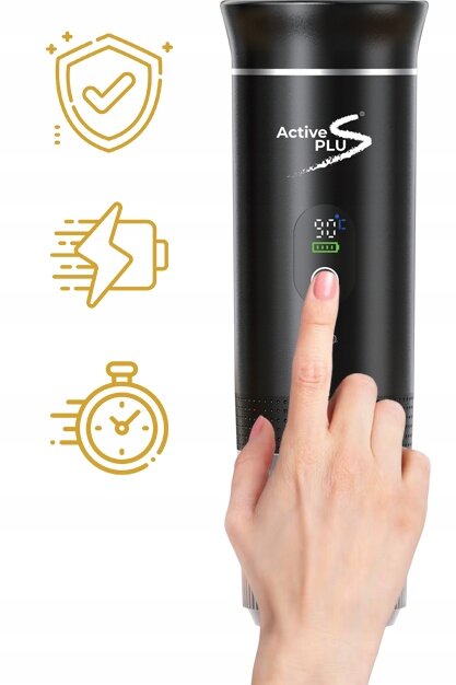 Czarna, cylindryczna obudowa z logo \'Active Plus\' i wyświetlaczem, na którym widoczna jest temperatura oraz poziom naładowania. Obok znajdują się trzy ikony: tarcza z haczykiem, bateria z błyskawicą i zegar.