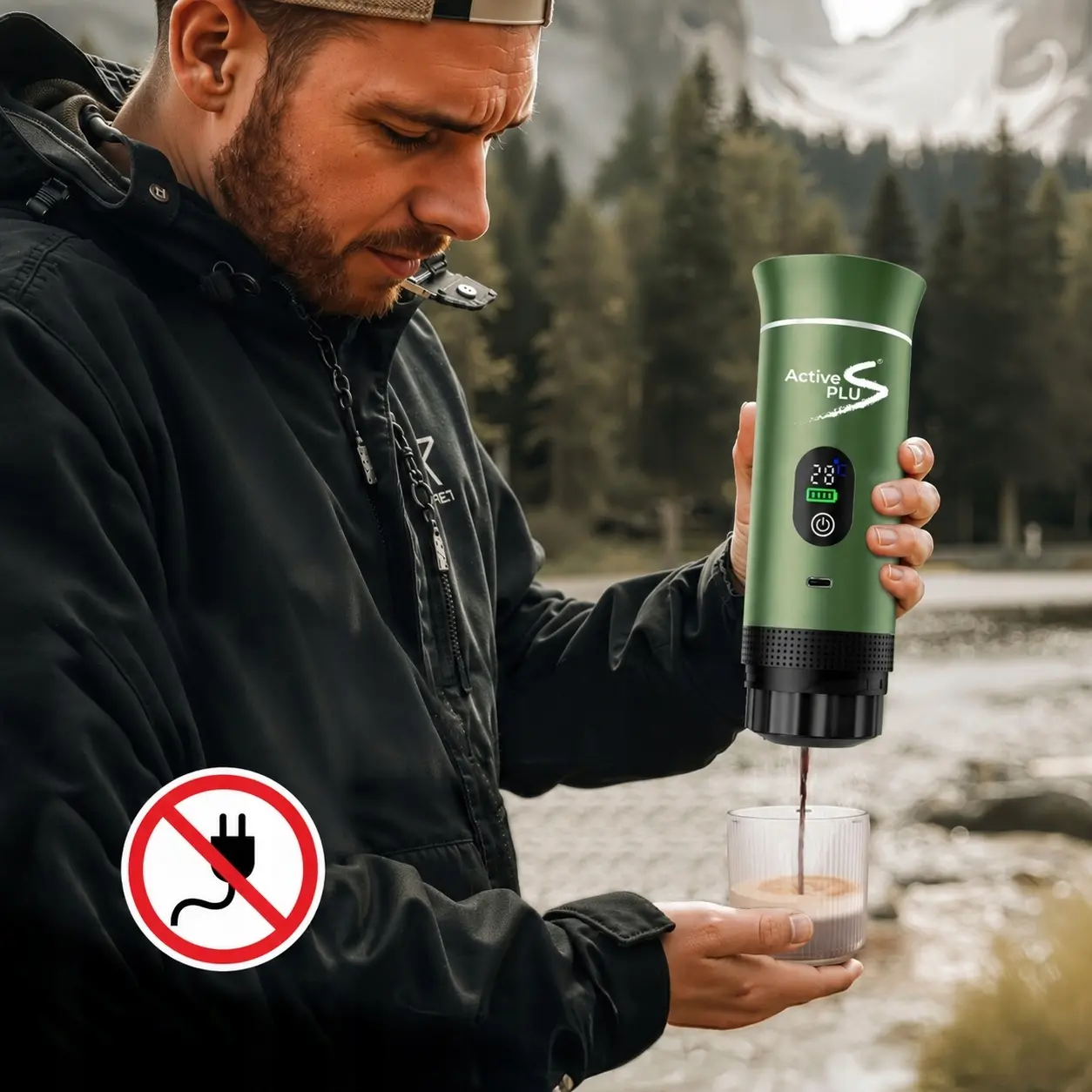 Osoba trzyma zielony ekspres do kawy z logo \'Active Plus\', z którego nalewana jest kawa do szklanki. Obok znajduje się symbol zakazu z wtyczką elektryczną.