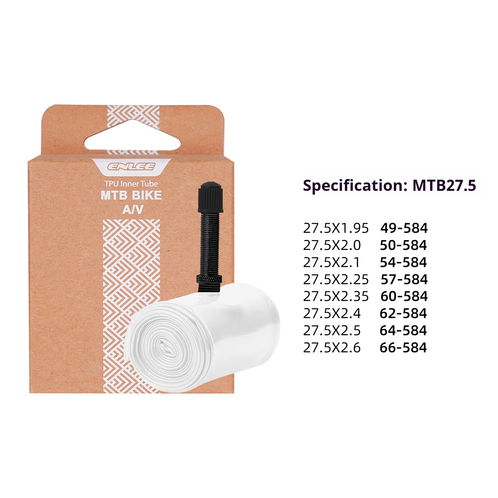 Na obrazie widoczna jest brązowa tekturowa paczka z białym wzorem i napisem \'ENLEE TPU Inner Tube MTB BIKE A/V\'. Obok znajduje się zwinięta biała dętka z czarnym wentylem oraz lista specyfikacji rozmiarów MTB27.5.