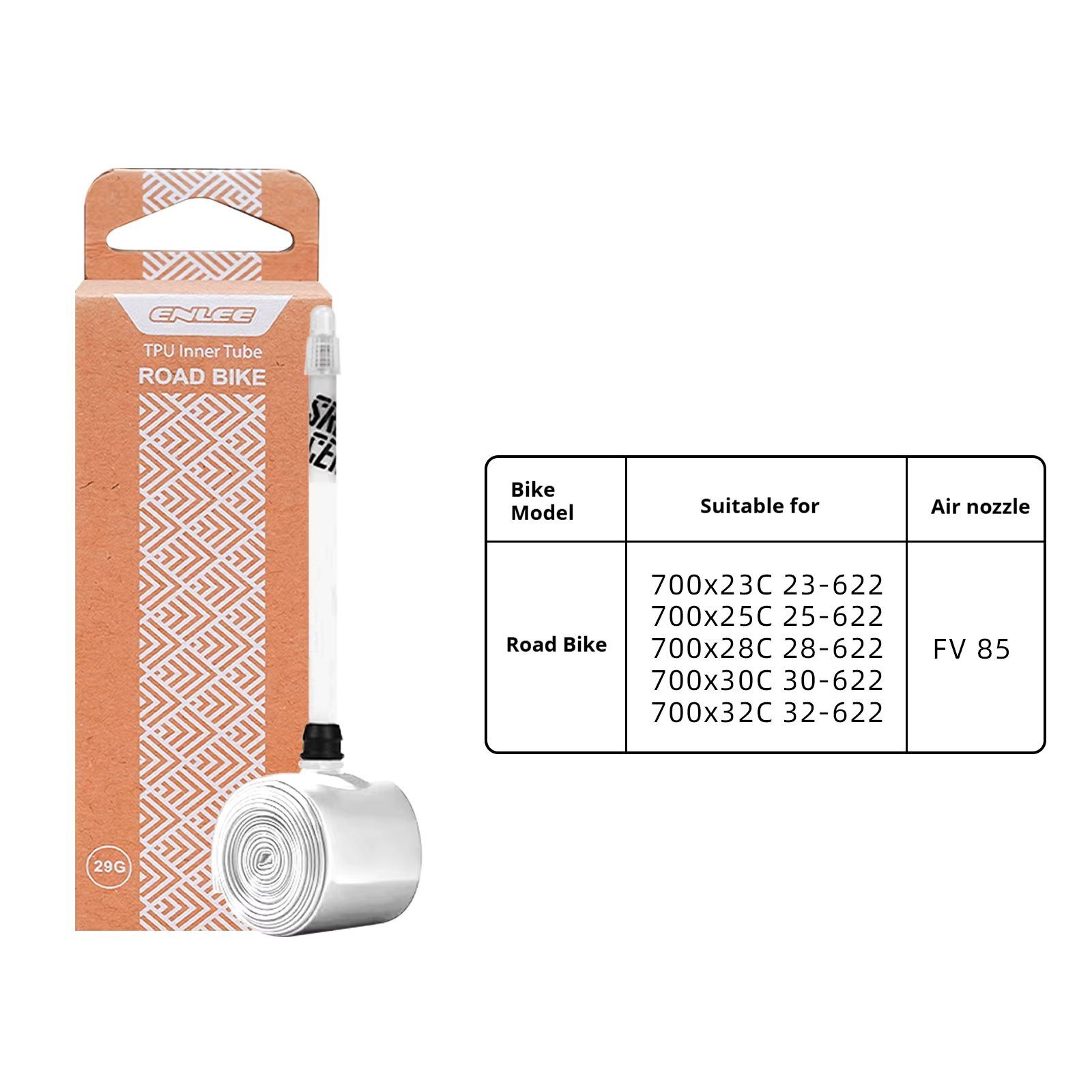 Na obrazie widoczna jest opakowanie produktu z napisem \'TPU Inner Tube ROAD BIKE\' oraz tabela z informacjami o modelach rowerów i rozmiarach dętek, w tym \'700x23C 23-622\' i \'FV 85\'.