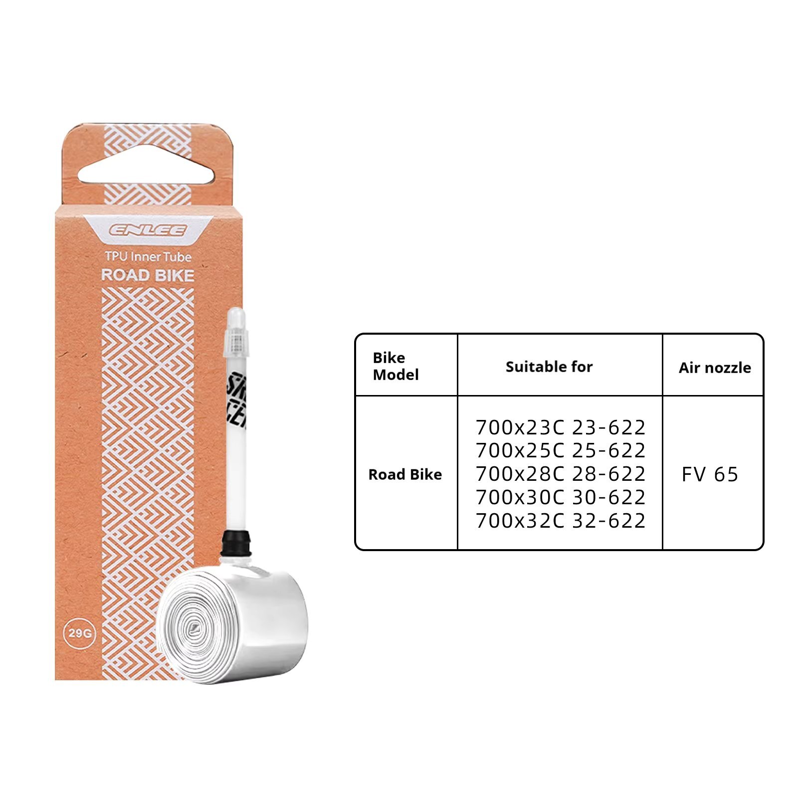 Na obrazie widoczna jest opakowanie dętki rowerowej z napisem \'ENLEE TPU Inner Tube ROAD BIKE\'. Obok znajduje się tabela z informacjami: \'Bike Model: Road Bike\', \'Suitable for: 700x23C 23-622, 700x25C 25-622, 700x28C 28-622, 700x30C 30-622, 700x32C 32-622\', \'Air nozzle: FV 65\'.
